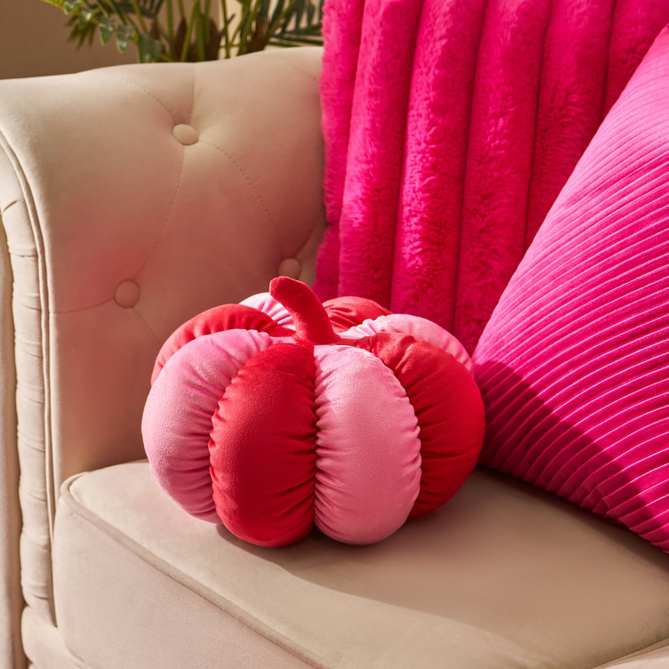 image 1 of OHS Autumnal Halloween Gonk Pumpkin Ghost Ghoul Boo Matte Velvet Boucle Filled Decor Scatter Bed Chair Sofa Cushions Multi | Pink/Red Pumpkin | 20 x 20 x 15cm