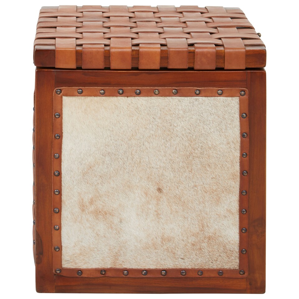 image 1 of Storage Stool With Metallic Stud Trim,Teak Wood Seat With Hair-on-Leather Base,Latticed Leather Top Stool Brown