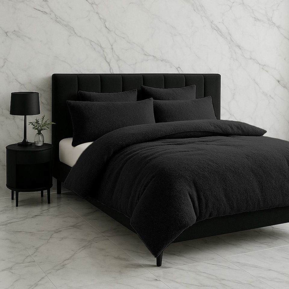Teddy Bear Fleece Soft Cosy Duvet Cover + Pillow Case Set Black | King