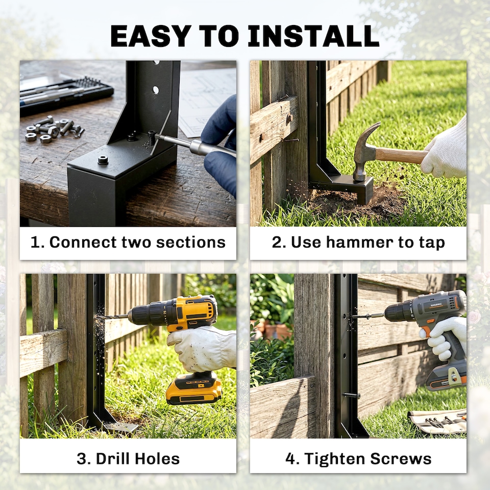image 1 of Outsunny 2 Pack Fence Post Repair Kit, Metal Fence Post Support with Drill | Black | Black | 81 x 5.5 x 12 cm