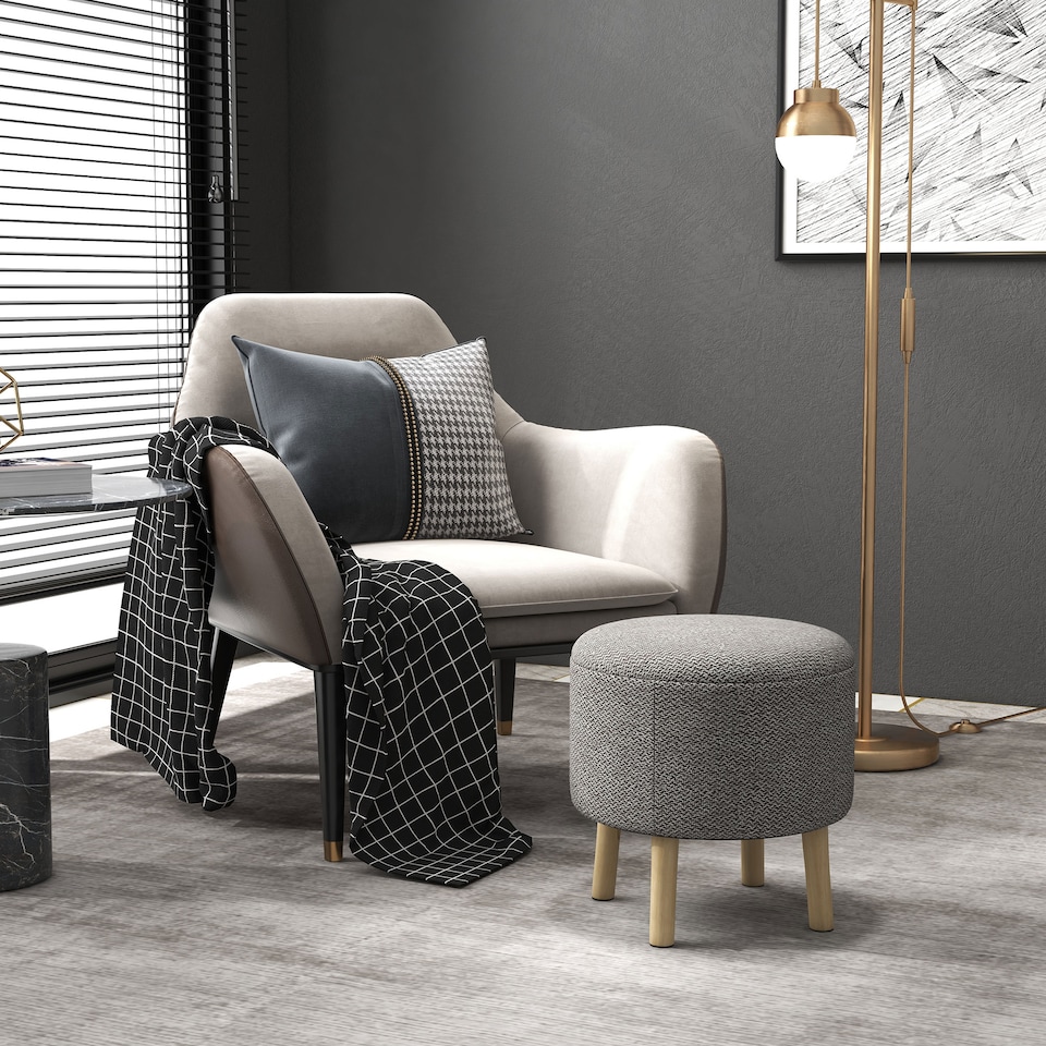 image 1 of HOMCOM Round Storage Stool, Linen Fabric Upholstered Foot Stool with Removable Top, Padded Seat, Hidden Space and Wooden Legs for Living Room, Light Grey