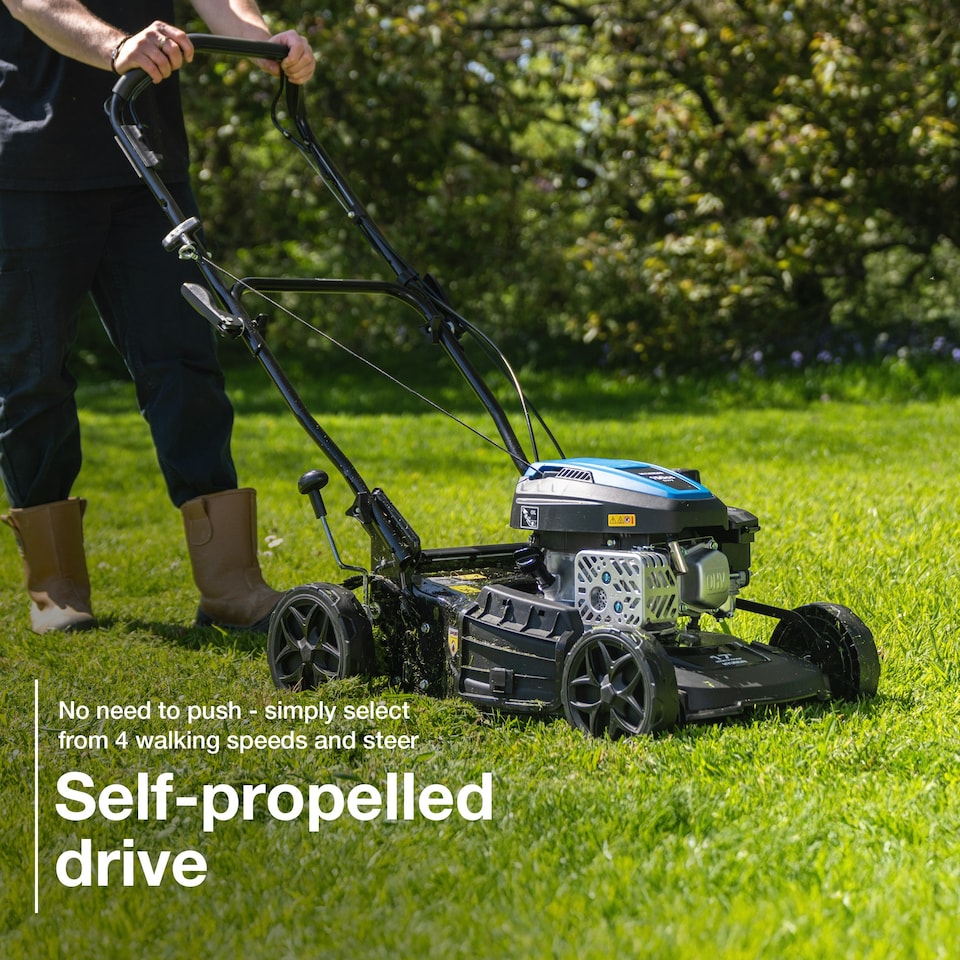 image 1 of Hyundai 18" / 46cm Black Edition Self-Propelled Petrol Lawnmower, 150cc, 4-in-1 Mulch, 50L Collect, Rear and Side Discharge | HYM18150SP