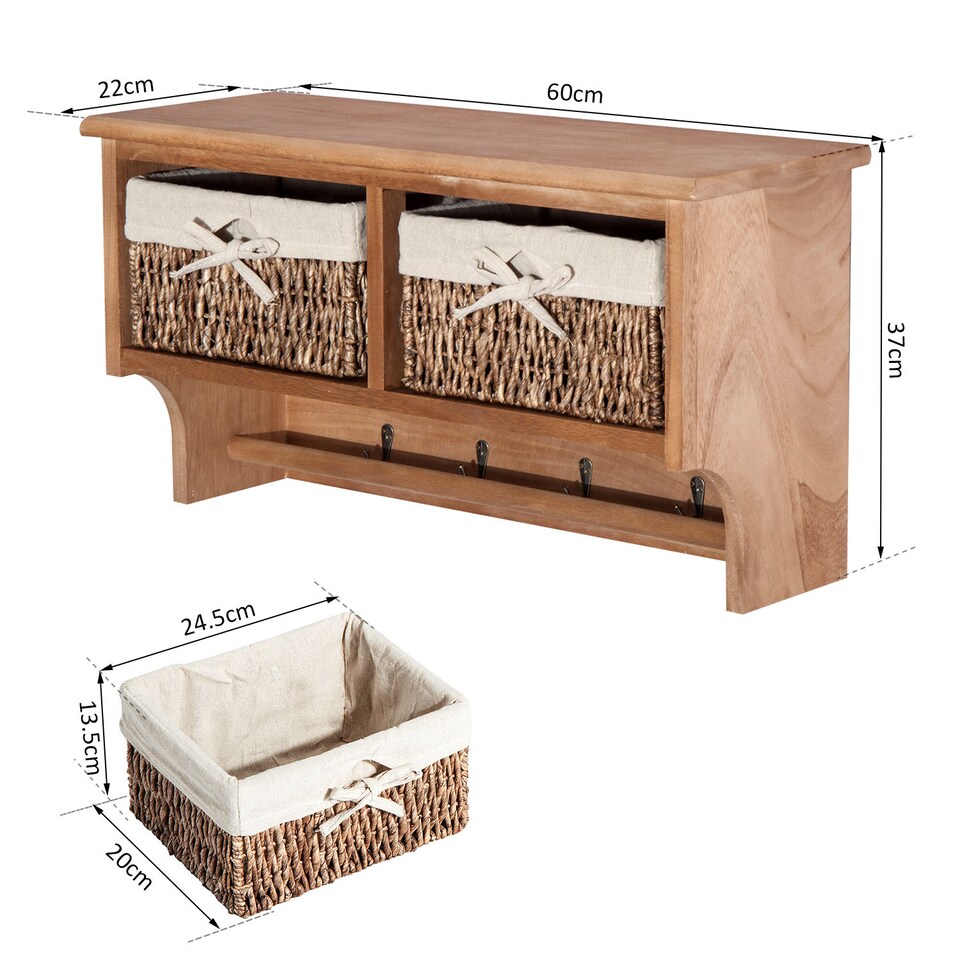 image 1 of HOMCOM Entryway Coat Rack Wall Mounted Shelf w 2 Corn Husk Baskets and Hooks, Brown