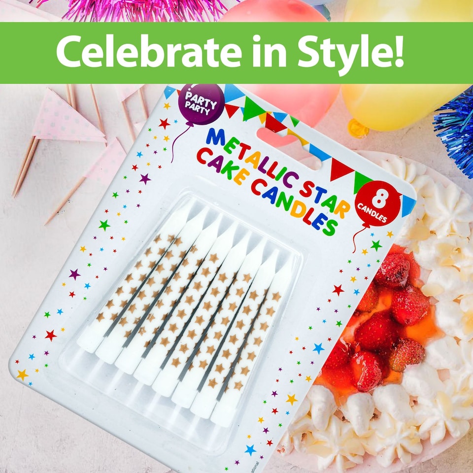 image 1 of VFM e-Store 8 Metallic Gold Birthday Cake Candles with Stars - Wax, One Size
