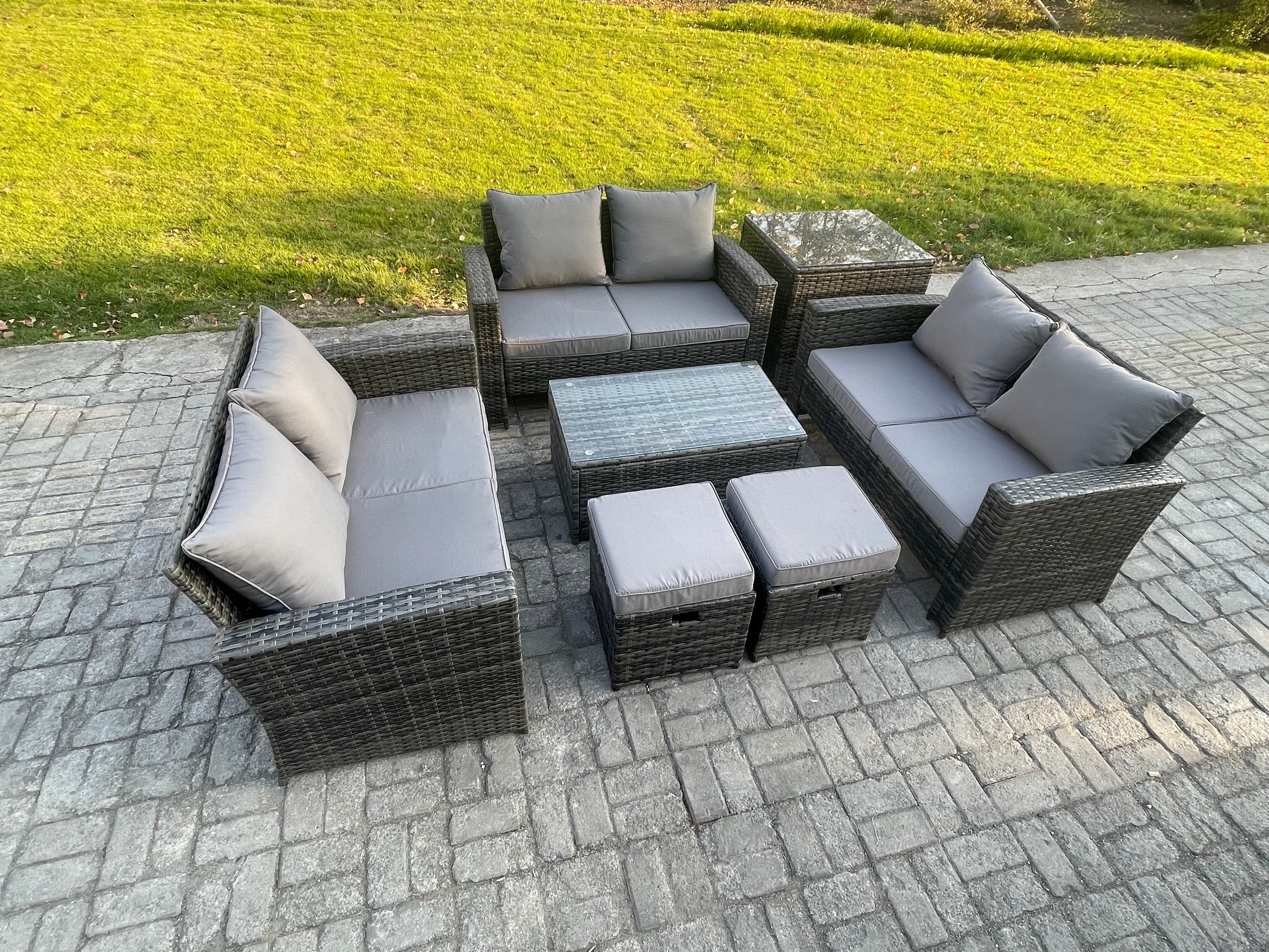 Fimous 7pc Rattan Sofa Garden Furniture Outdoor Patio Set with Side Table 2 Small Footstools Double Seat Sofa Dark Grey Mixed
