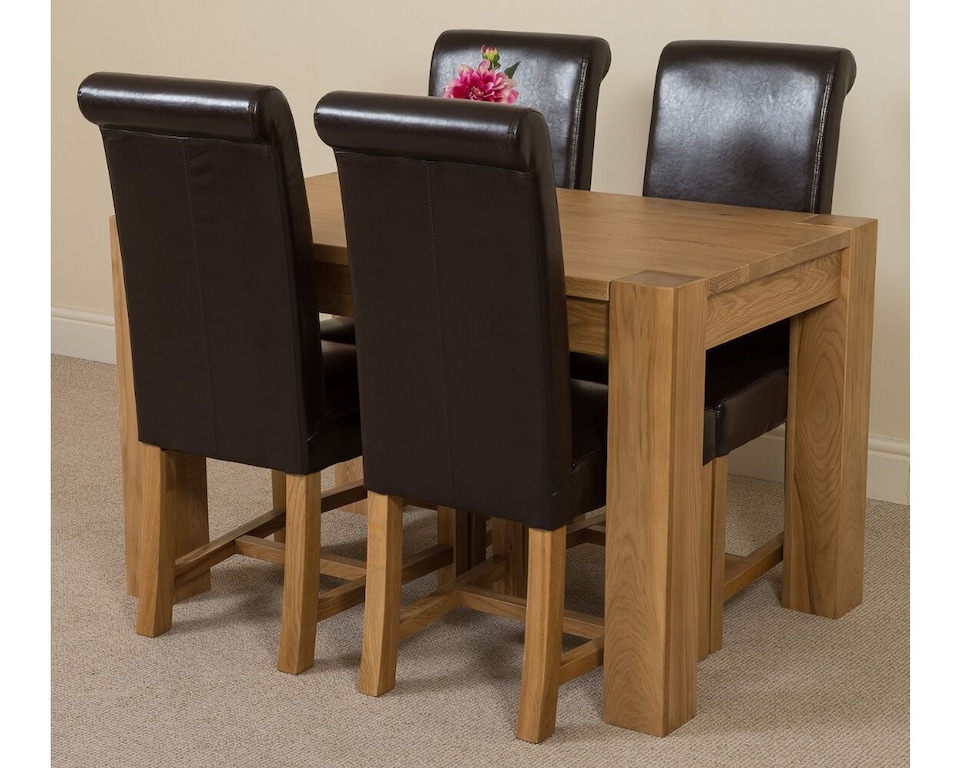 image 1 of Kuba 125x80cm Chunky Oak Small Dining Table and 4 Washington Leather Chairs | Brown | Brown