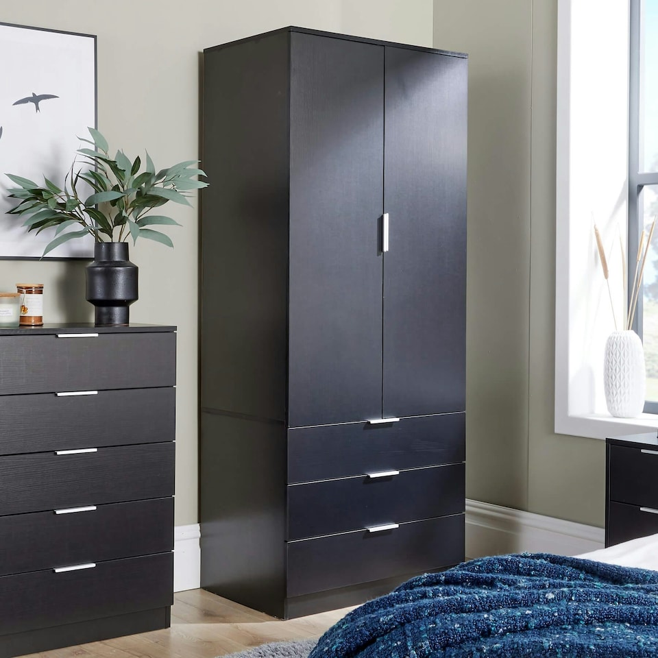 image 1 of Wardrobe 2 Door 3 Drawers Bedroom Home Furniture Clothing Storage Shelf Grey