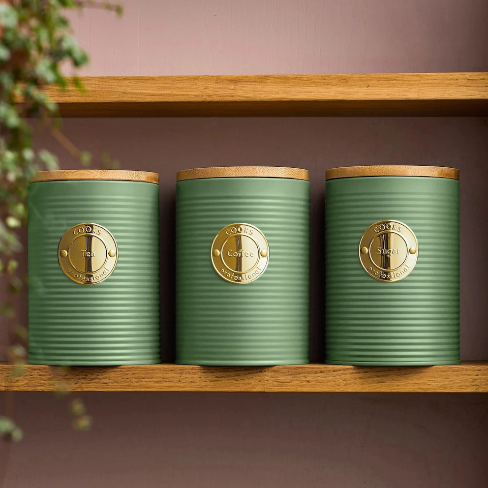 image 1 of Cooks Professional 5 Piece Ribbed Tea Coffee Sugar Bread & Biscuit Cannisters with Labels | Green | Green & Gold