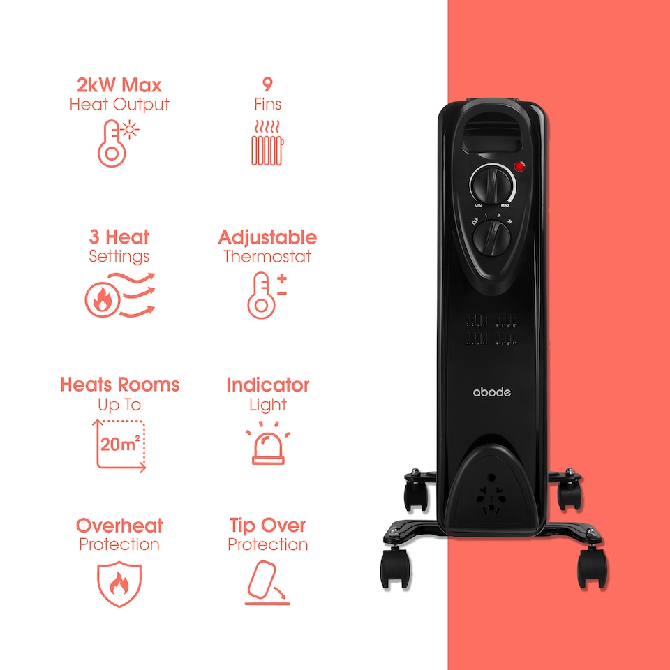 image 1 of Abode AOFR9003B 2kW 9 Fin Oil Filled Radiator in Black