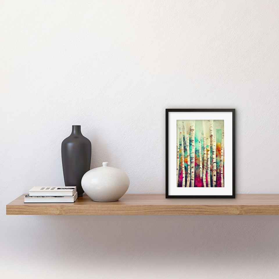 image 1 of Abstract Colourful Birch Tree Forest Vibrant 9x7" Black Framed Wall Art Print