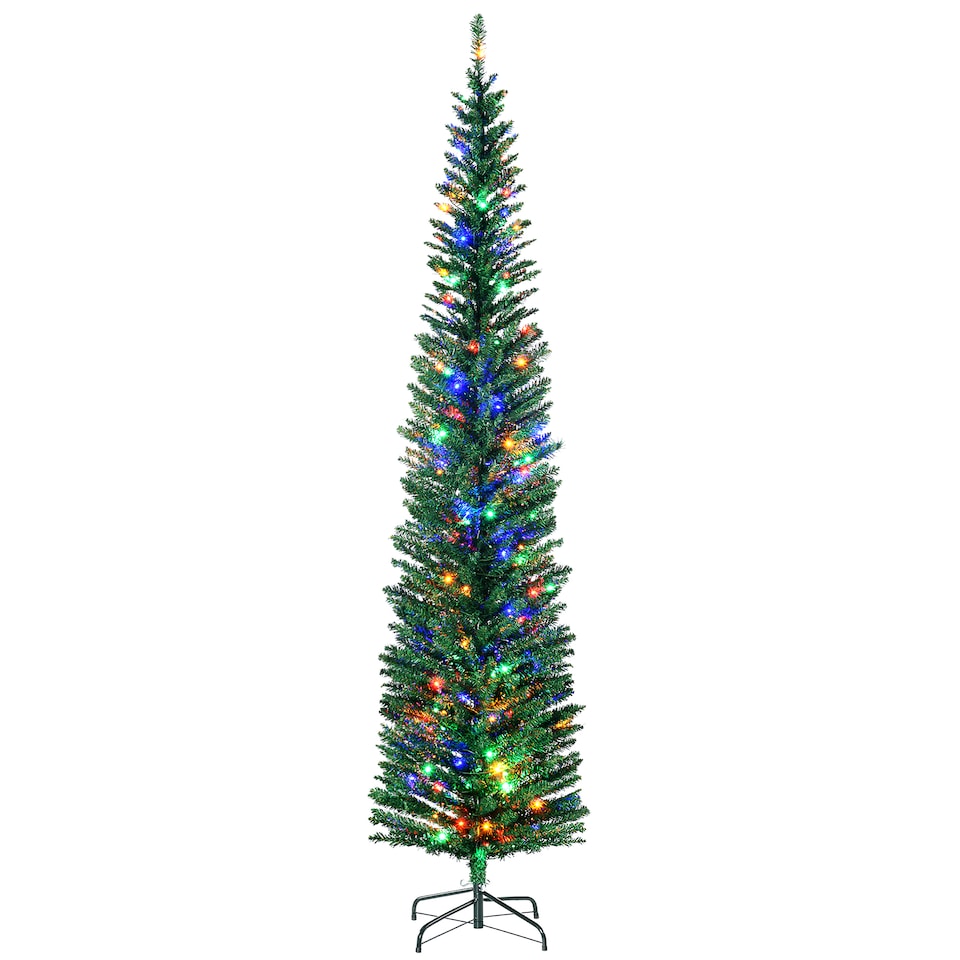 image 1 of HOMCOM 7.5ft Prelit Pencli Artificial Christmas Tree, Slim Xmas Tree with 200 Colourful LED Lights, Steel Base  Green