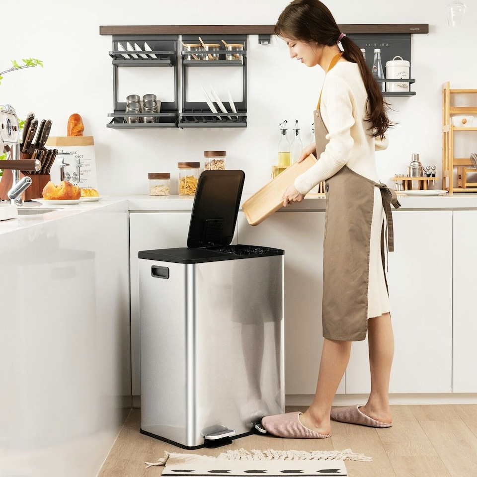 image 1 of COSTWAY 60L Dual Trash Can Bin with 2 Compartments Sliver Silver