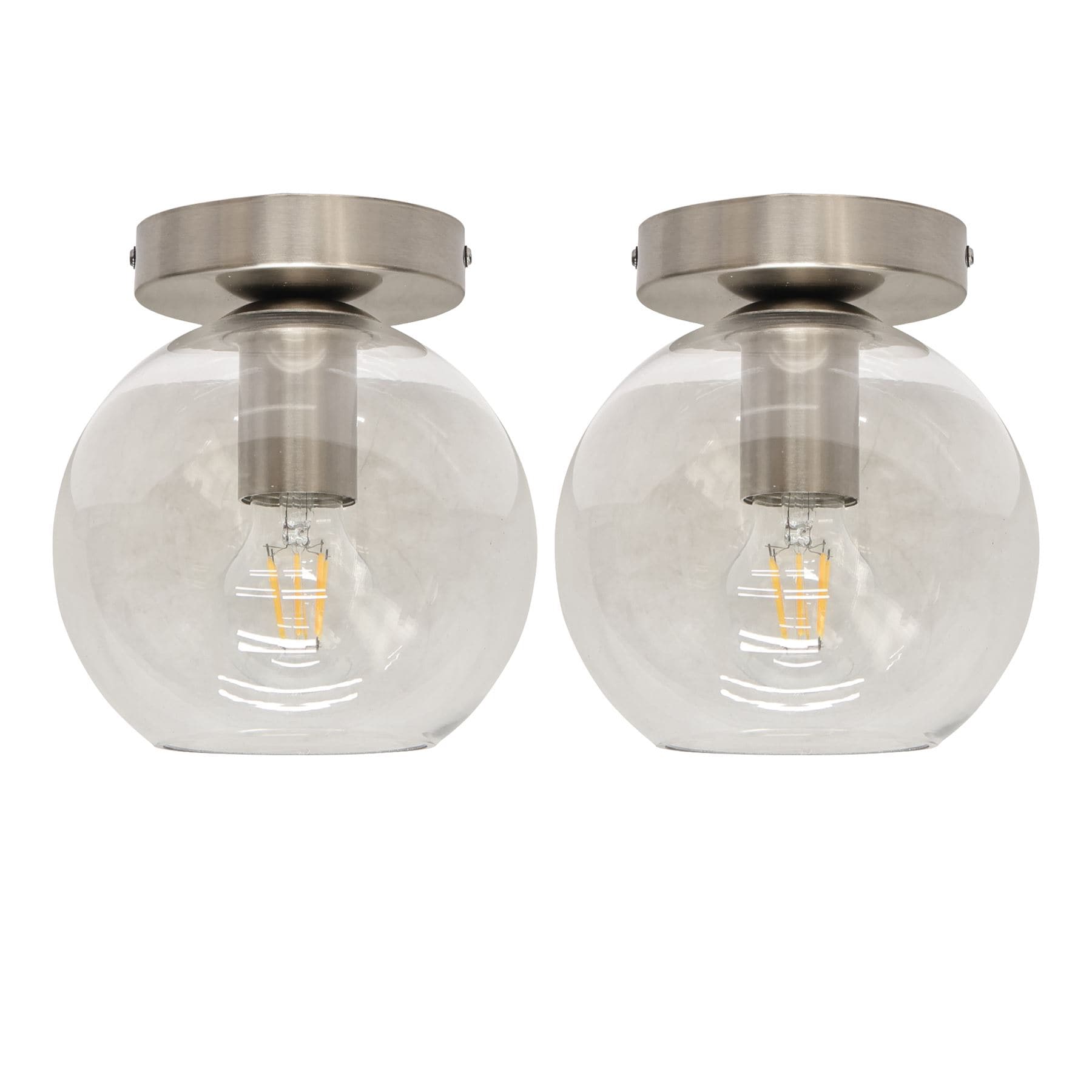 First Choice Lighting Set of 2 Barnum - Glass Globe Satin Nickel Ceiling Light Fittings in Clear