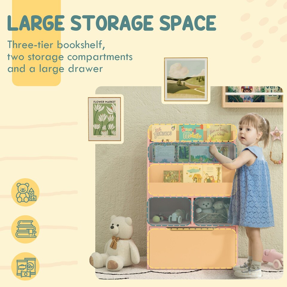 image 1 of HOMCOM Kids Bookcase, Toy Box w/ Storage Drawer, Wheels for Bedroom - Pink Pink