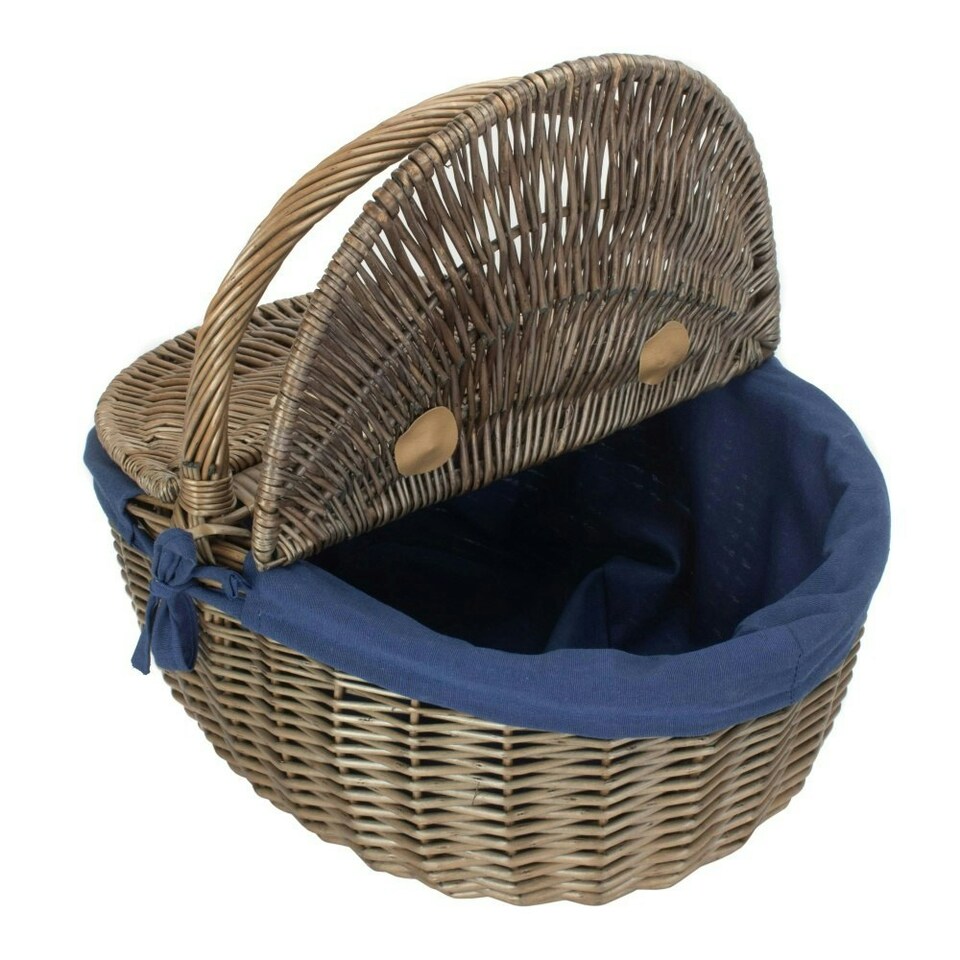 image 1 of Antique Wash Finish Oval Lined Picnic Basket Blue | Navy Blue | One Size