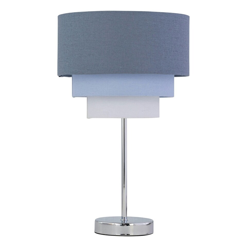image 1 of First Choice Lighting Chrome Stick Table Lamp with Tiered Blue Linen Shade Chrome | Blue