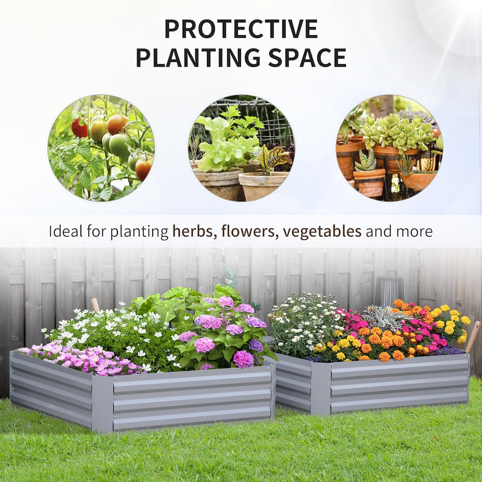 image 1 of Outsunny Set of 2 Raised Garden Bed Galvanised Planter Box Grey