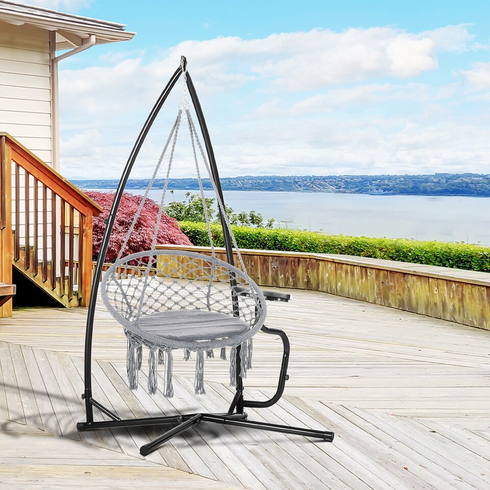 image 1 of Outsunny Hammock Chair Stand Only Construction Heavy Duty Metal C-Stand for Hanging Hammock Chair Porch Swing Indoor or Outdoor Use | Black | Black