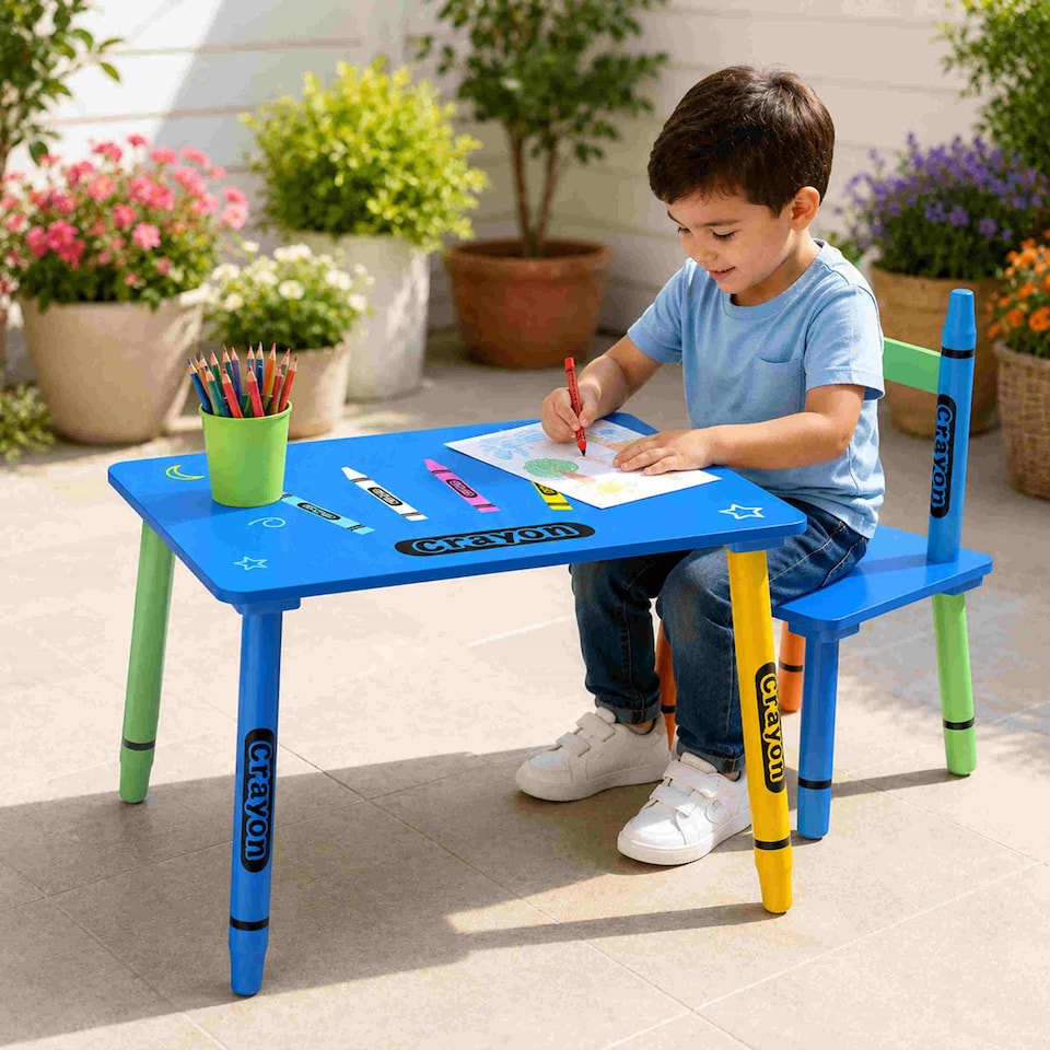 image 1 of Childrens Wooden Crayon Table and Chairs Set Kids Room Furniture