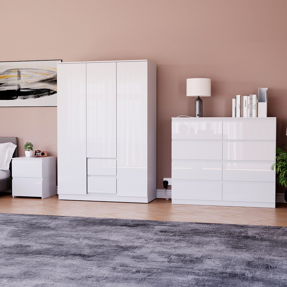 image 1 of Vida Designs Glinton 3 Piece FSC Certified Bedroom Set (2 Drawer Bedside Chest, 8 Drawer Chest, 3 Door 2 Drawer Wardrobe), White | White | White | L | 3