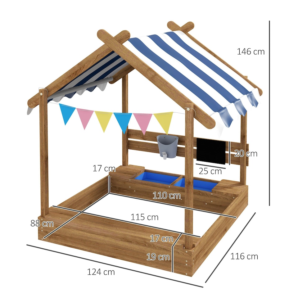 image 1 of Outsunny Sand Pit with Canopy, Blackboard, Toys, Sink, Seats, Flags for Kids