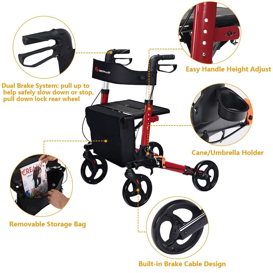 image 1 of COSTWAY Folding Rollator Walker Aluminium Mobility Aid Red | Red