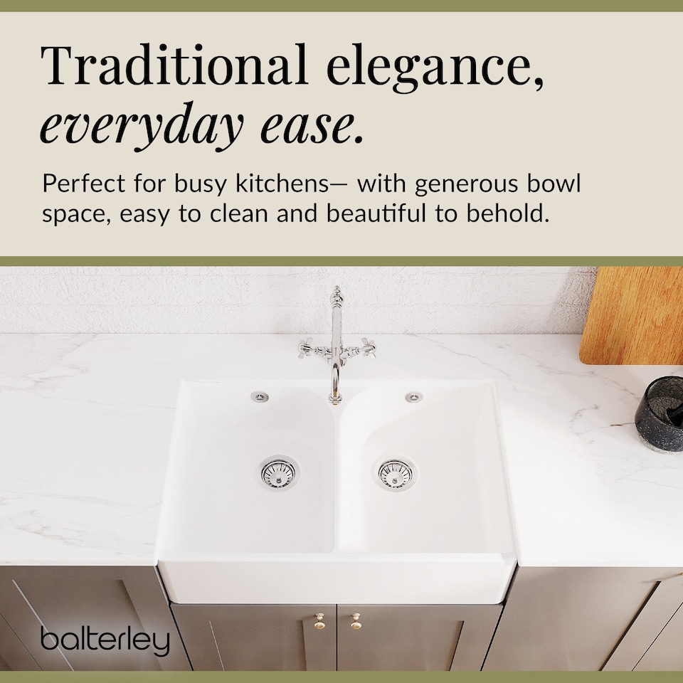 image 1 of Fireclay 2 Bowl Full Weir Butler Sink Overflow Tap Waste 795mm | White | White | 500 x 795 x 220mm