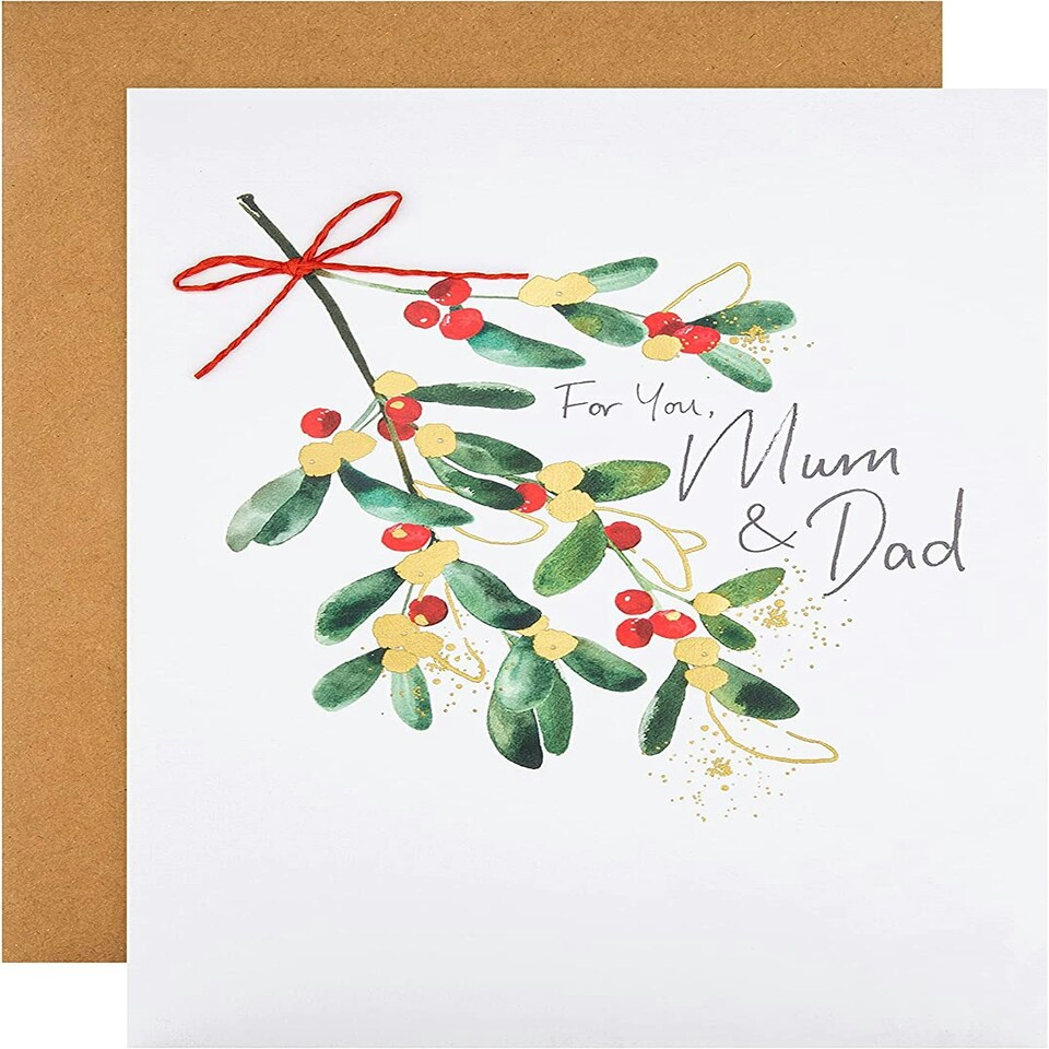image 1 of Illustrated Festive Leaves and Berries Design Mum and Dad Christmas Card
