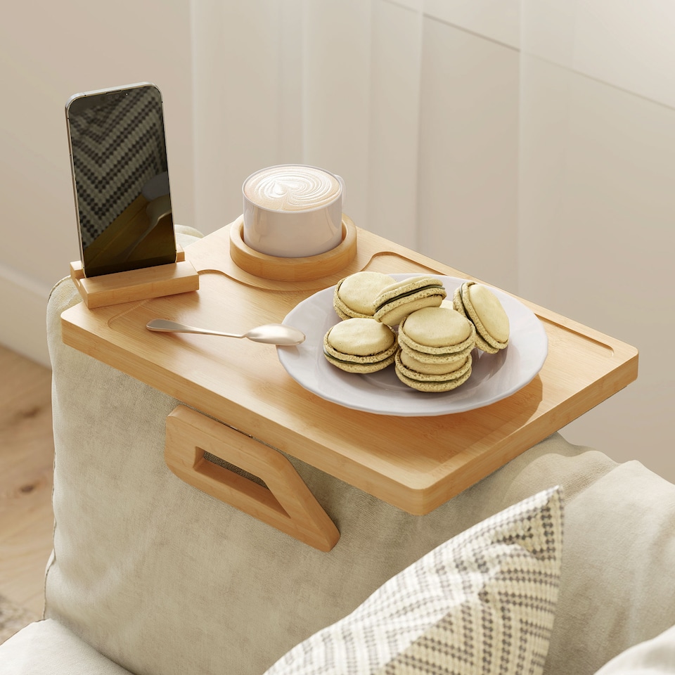 image 1 of HOMCOM Anti-Slip Sofa Armrest Tray with Phone and Cup Holder, Natural