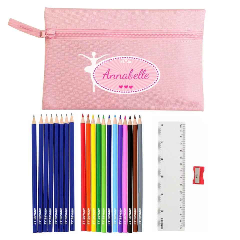 image 1 of Pink Ballerina Pencil Case with Personalised Pencils & Crayons Pink