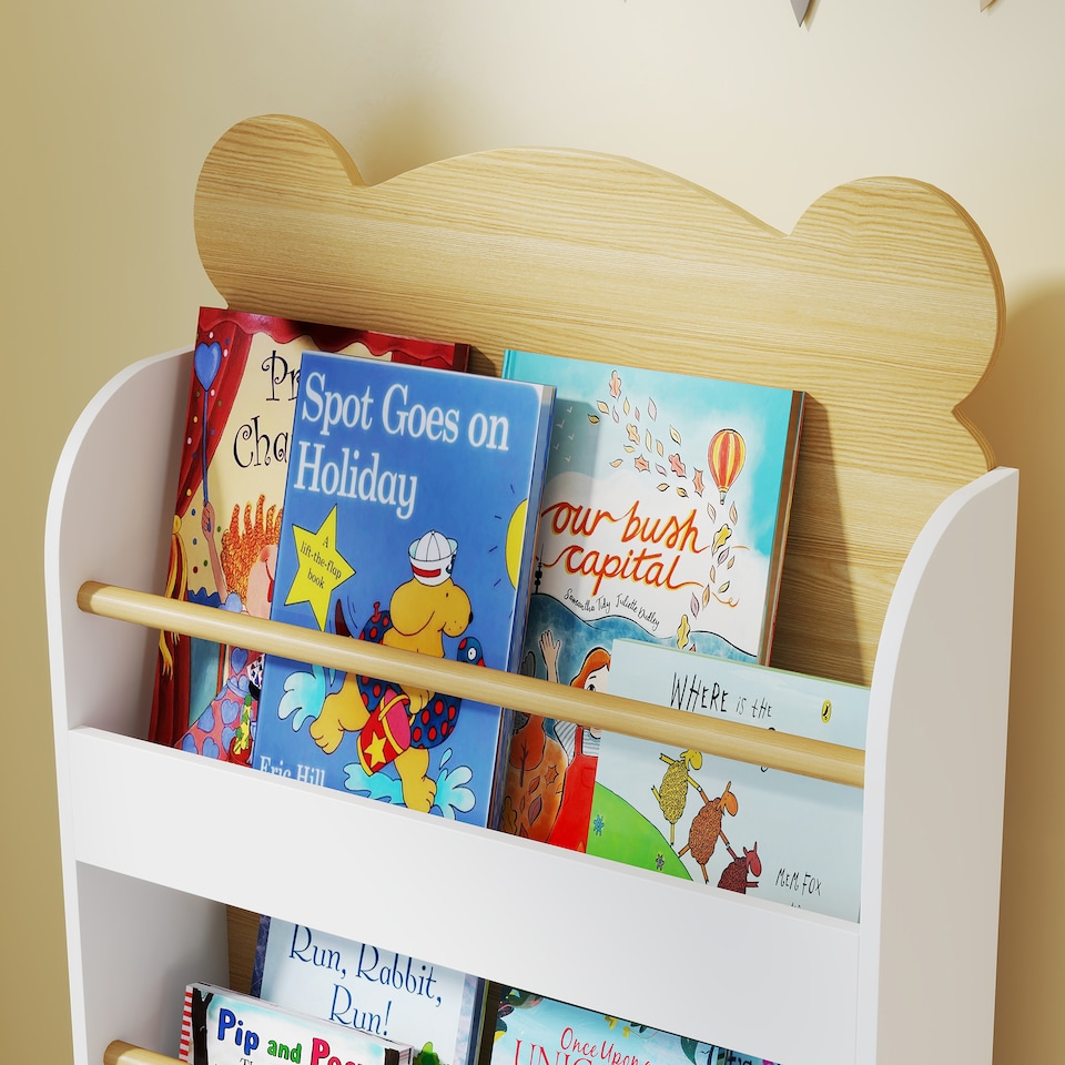 image 1 of AIYAPLAY Kids Bookshelf, 3 Tier Children Bookcase, Bear Theme Toddler Space-Saving Bookcase for Living Room, Kids Room, Playroom, White
