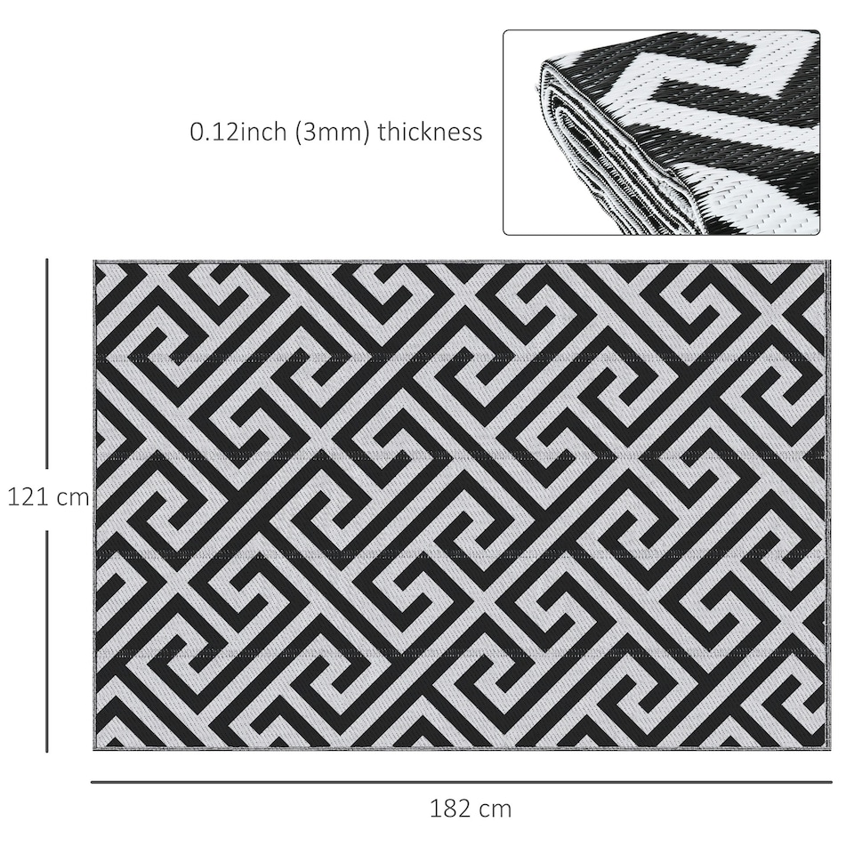 image 1 of Outsunny Reversible Outdoor Rug Plastic Straw RV Camping Mat for Garden Deck Picnic Black | Black and White