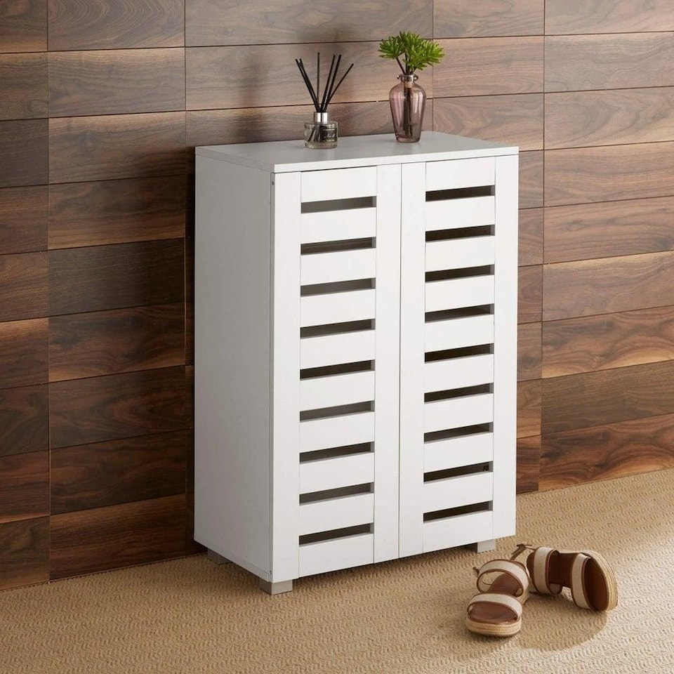image 1 of Oslo 2 Door Wooden Shoe Storage Cabinet Rack Stand Cupboard Slatted Doors | White