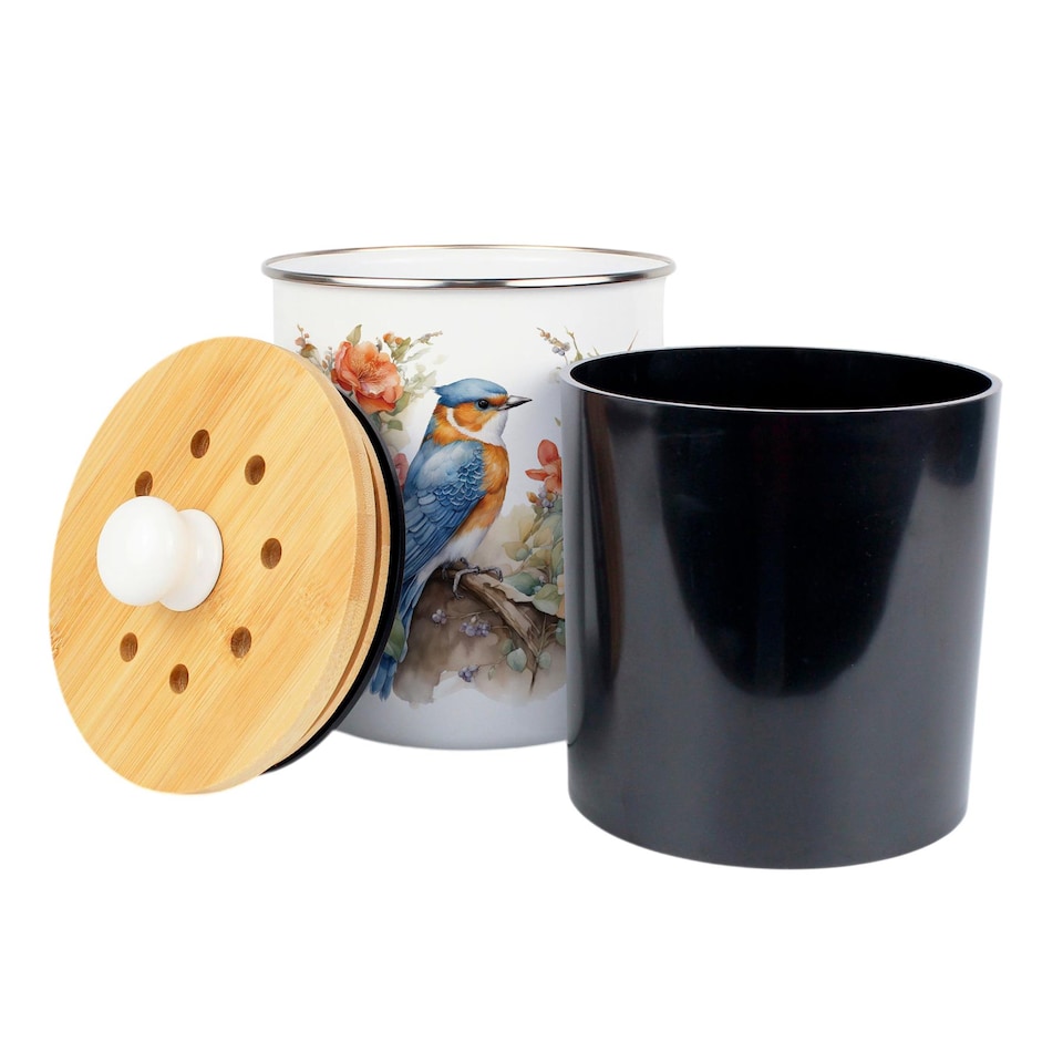 image 1 of Blue & Orange Bird Food Waste Caddy - Metal 2L Decorative Kitchen Compost Bin