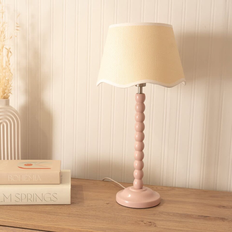 image 1 of ValueLights Bobbins Rose Table Lamp Scallop White Trim Shade and Bulb