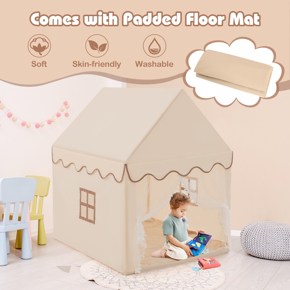 image 1 of COSTWAY Kids Play Tent Indoor Playhouse with Padded Mat-Beige