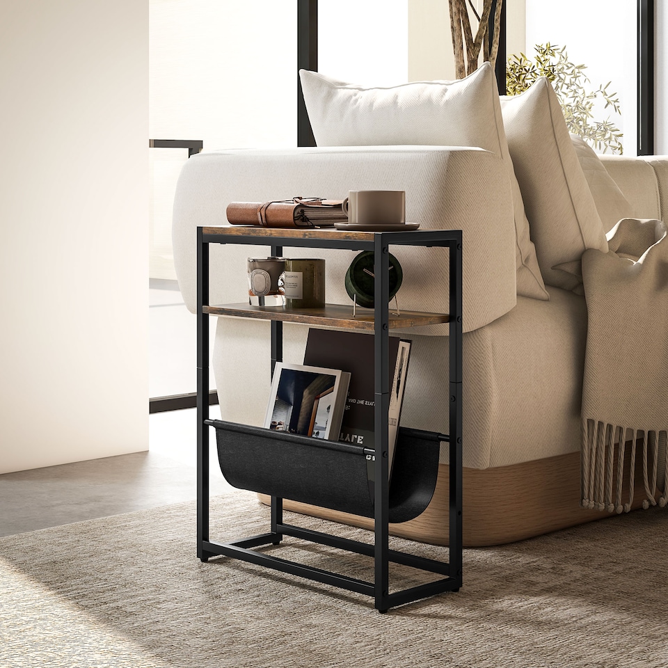 image 1 of HOMCOM Narrow Side Table, Industrial End Table with 3-Tier Storage, V-Shaped Magazine Holder, Slim Nightstand for Living Room, Bedroom, Small Spaces, 43 x 18 x 56 cm, Rustic Brown