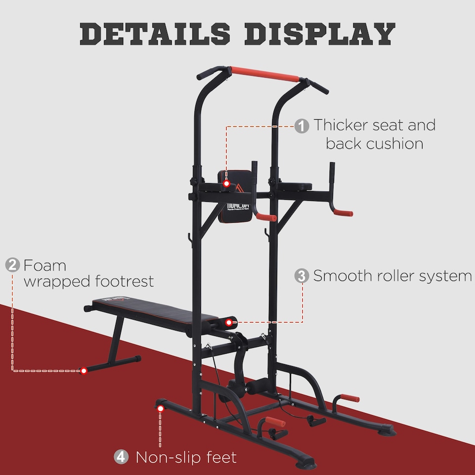 image 1 of HOMCOM Multifunction Home Workout Station Tower Steel Frame w/ Bench Bars Ropes