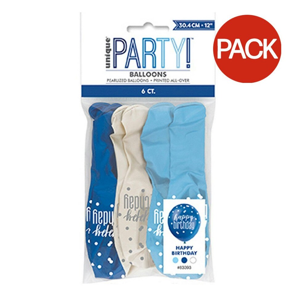 Unique Party Happy Birthday Glitz Latex Balloons (5 x Pack of 6) - Blue/White - One Size