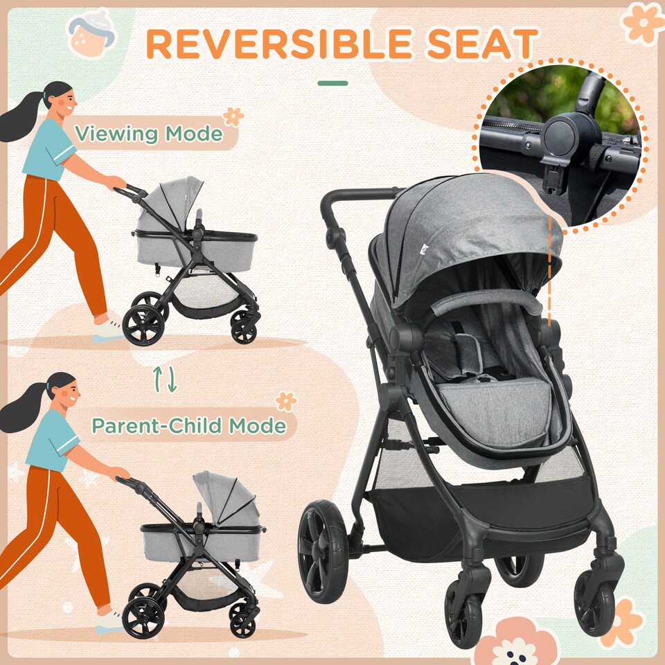 image 1 of HOMCOM 2 in 1 Pushchair Stroller w Reversible Seat Single Hand Foldable Grey