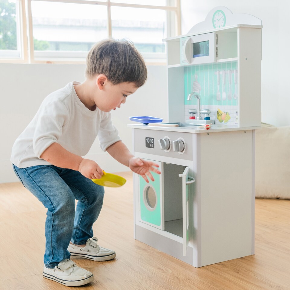 image 1 of Teamson Kids Wooden Play Kitchen with Sink, Oven and Storage, Madrid Red