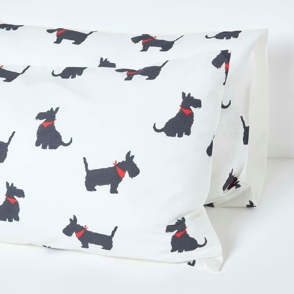 image 1 of Homescapes Scottie Dog Digitally Printed Cotton Duvet Cover Set - Super King | White | Super King