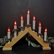 40cm Premier Christmas Candlebridge with 7 Flickering Bulb in Light Wood Finish Mains Operated