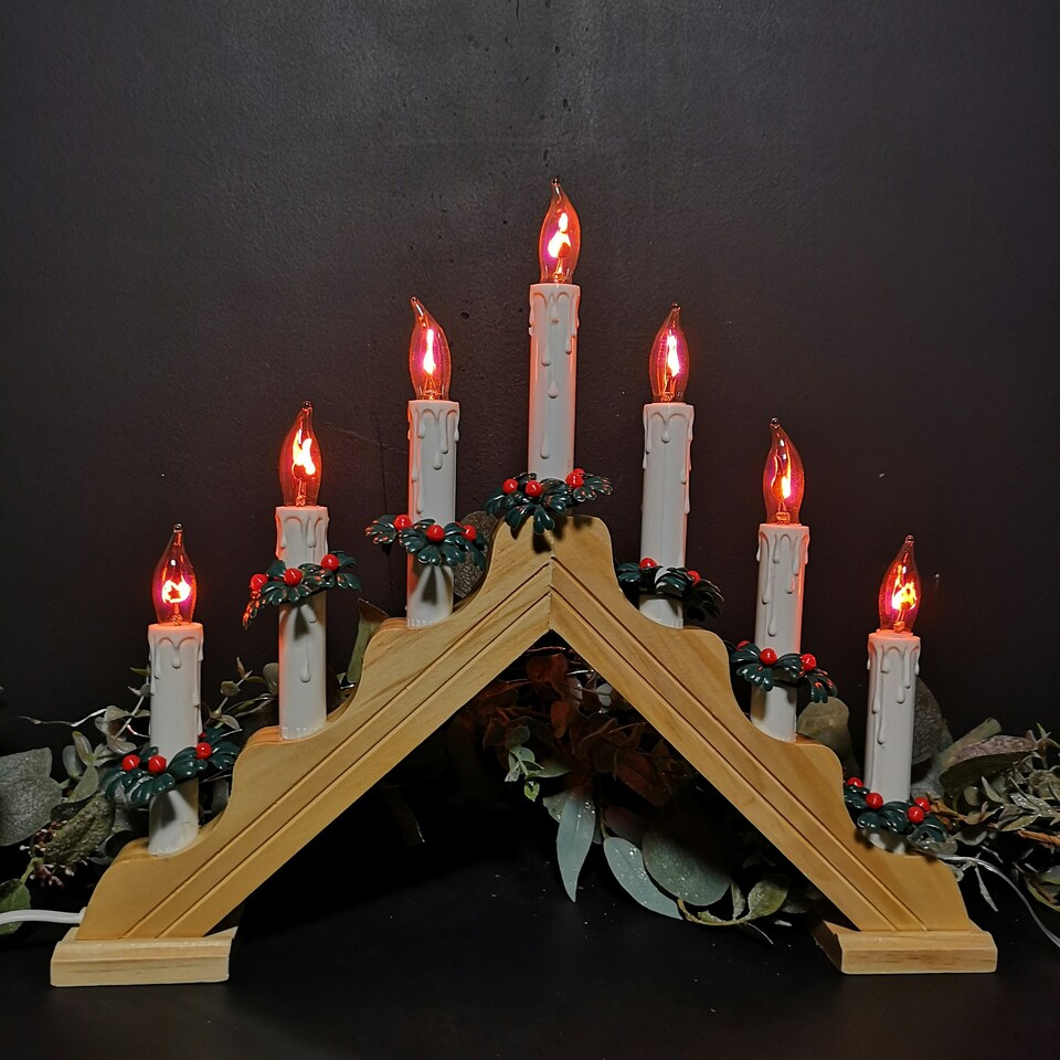 image 1 of 40cm Premier Christmas Candlebridge with 7 Flickering Bulb in Light Wood Finish Mains Operated