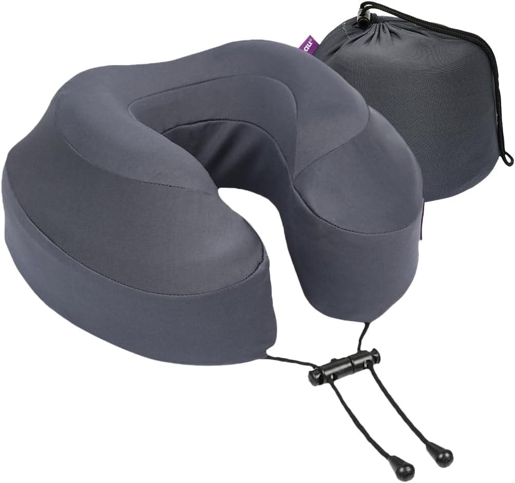 Travel neck pillow. Memory foam neck support. For airplane, train, car. Slate color.