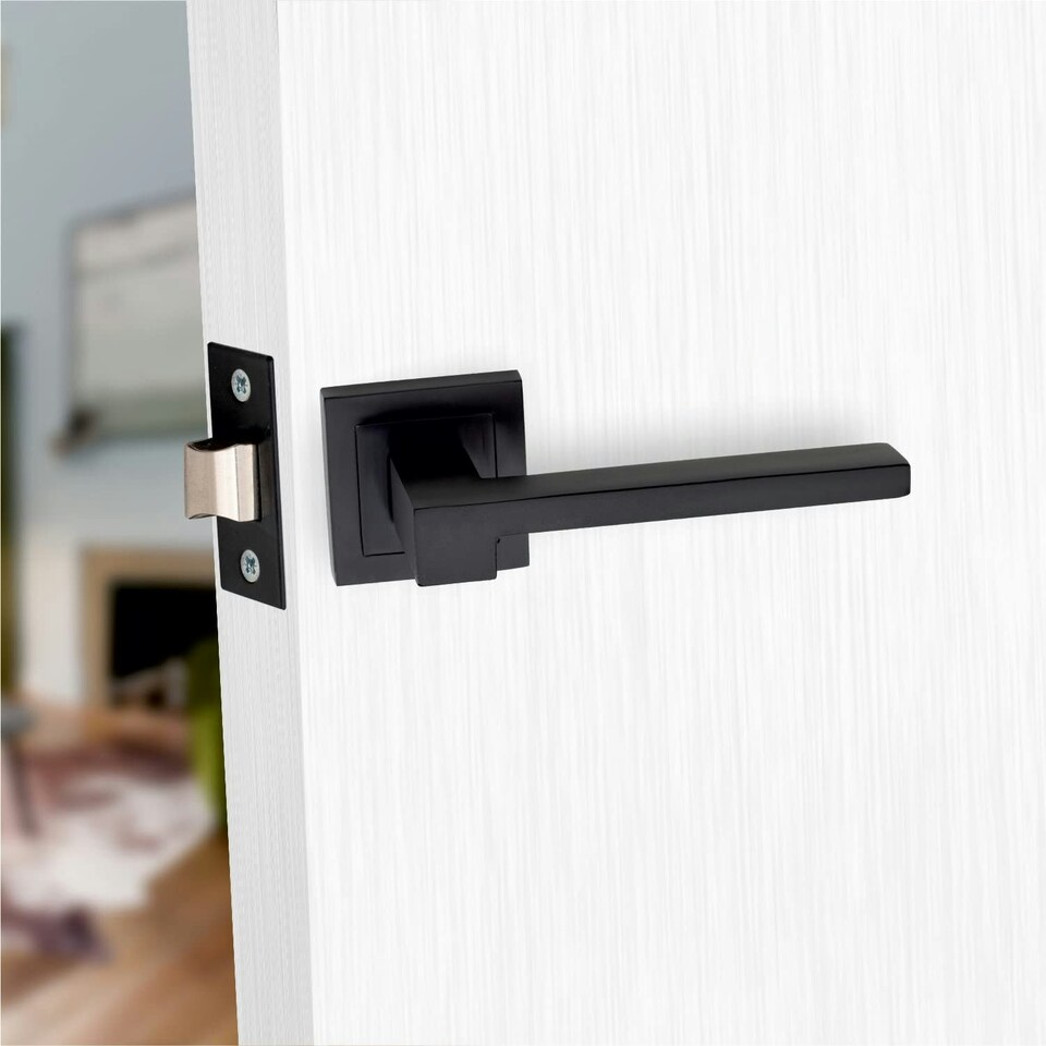 image 1 of Golden Grace 4 Pairs Rose Zeta Design Door Handles Lever Latch on Square Backplate in Matt Black Finish Black