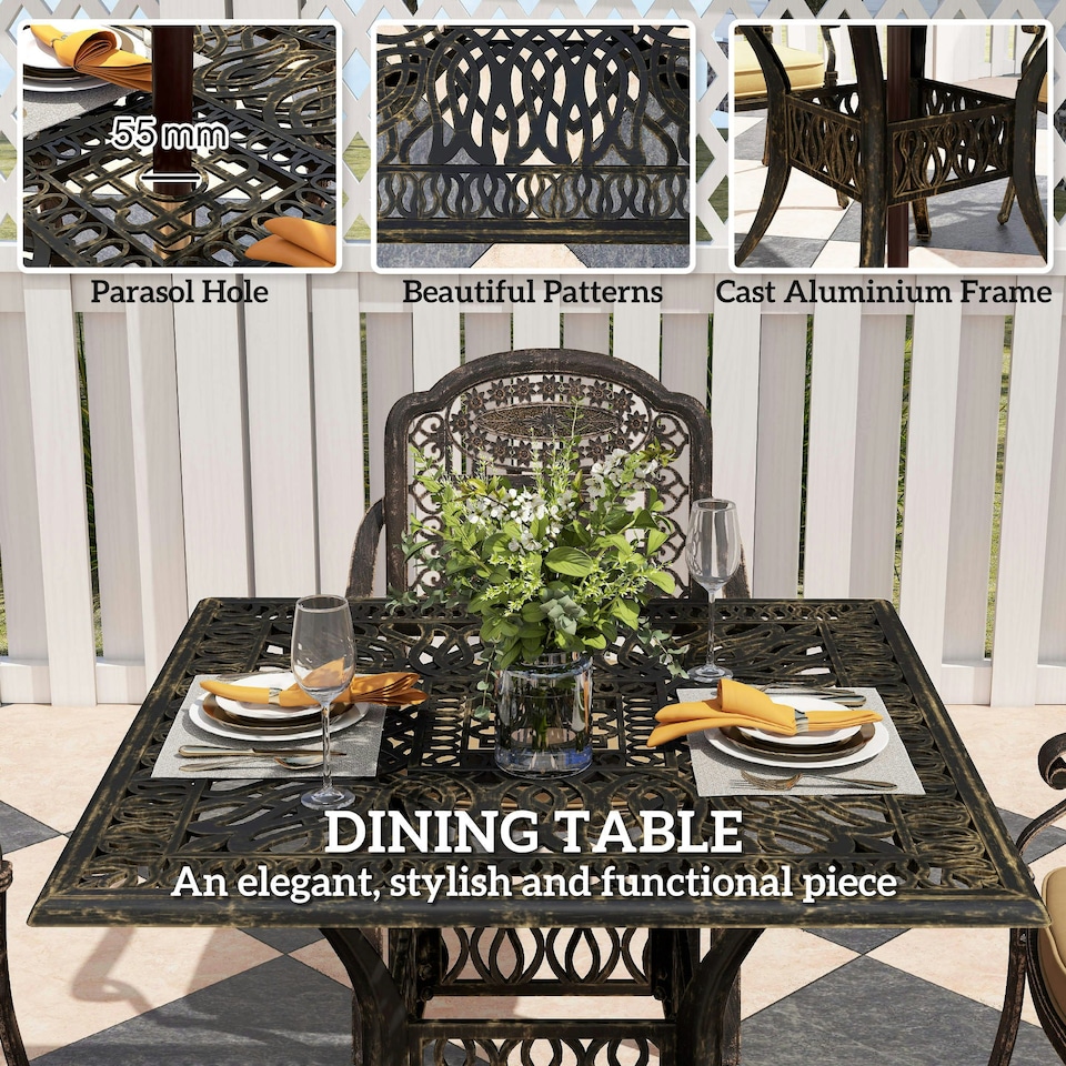image 1 of Outsunny 5 Pieces Cast Aluminium Garden Dining Set with Parasol Hole, Bronze