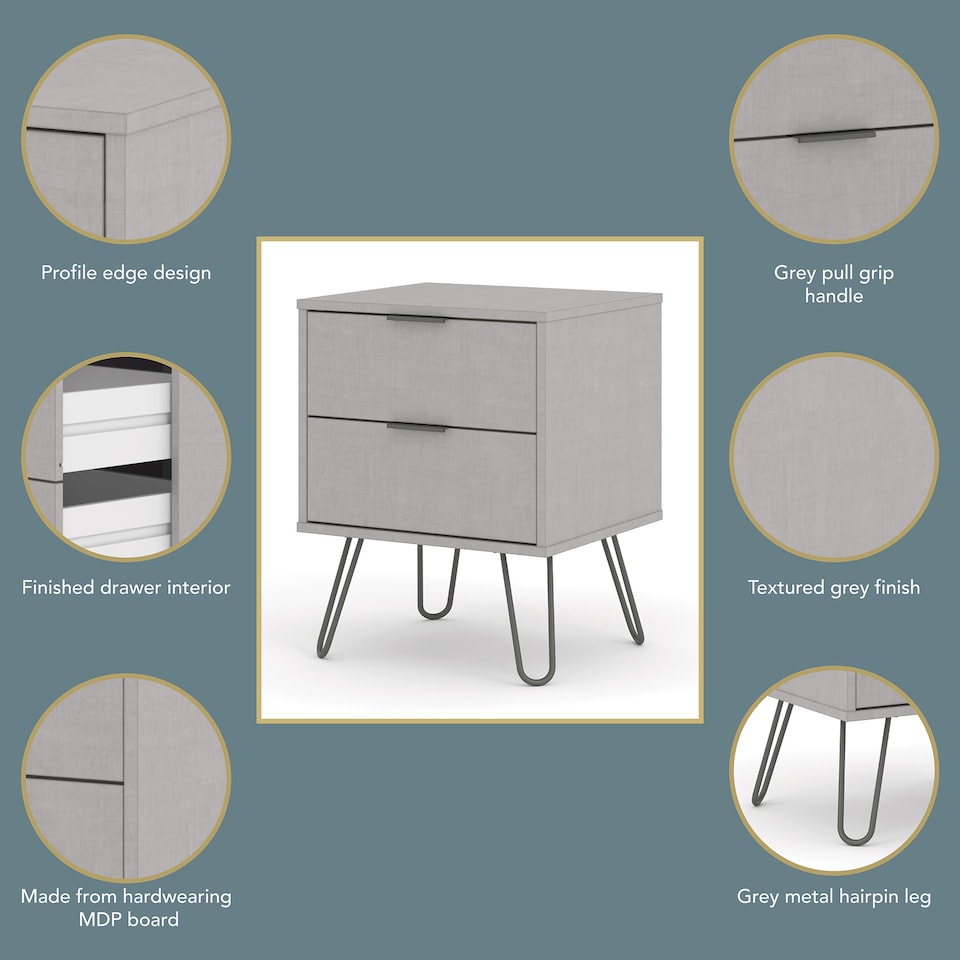image 1 of Augusta 2 Drawer Bedside Table - Modern Industrial Style Nightstand for Bedrooms | Grey | Grey | One Size | 1