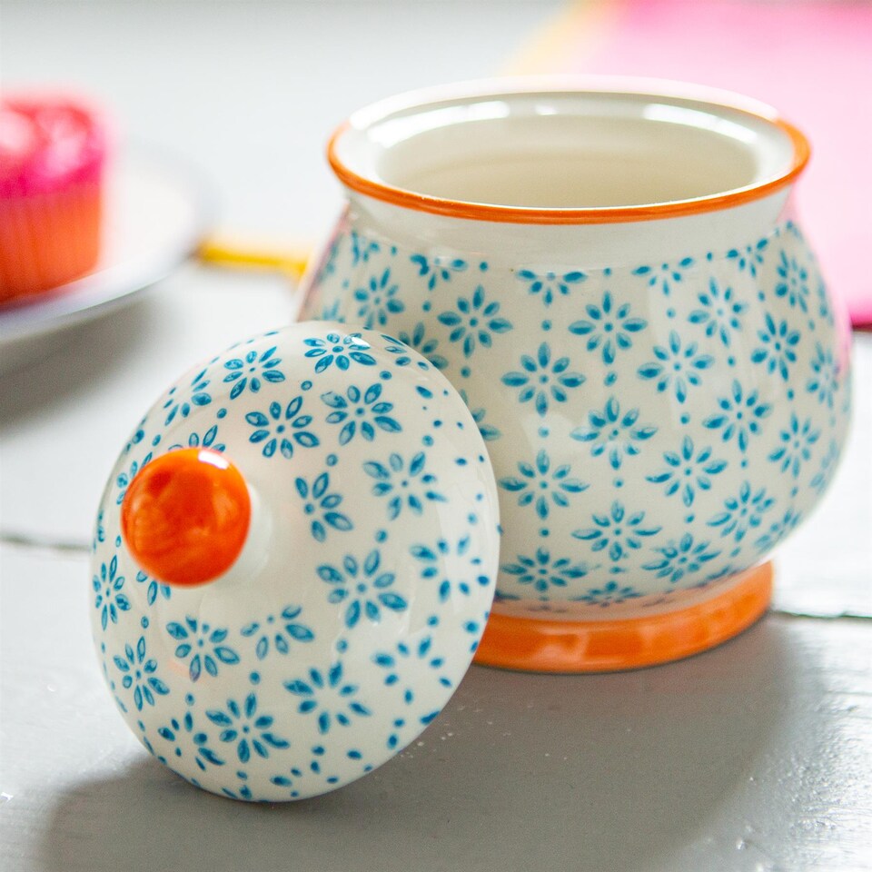 image 1 of Nicola Spring Hand-Printed Plant Pot with Saucer - 20.5cm - Orange | Orange | Orange / Blue