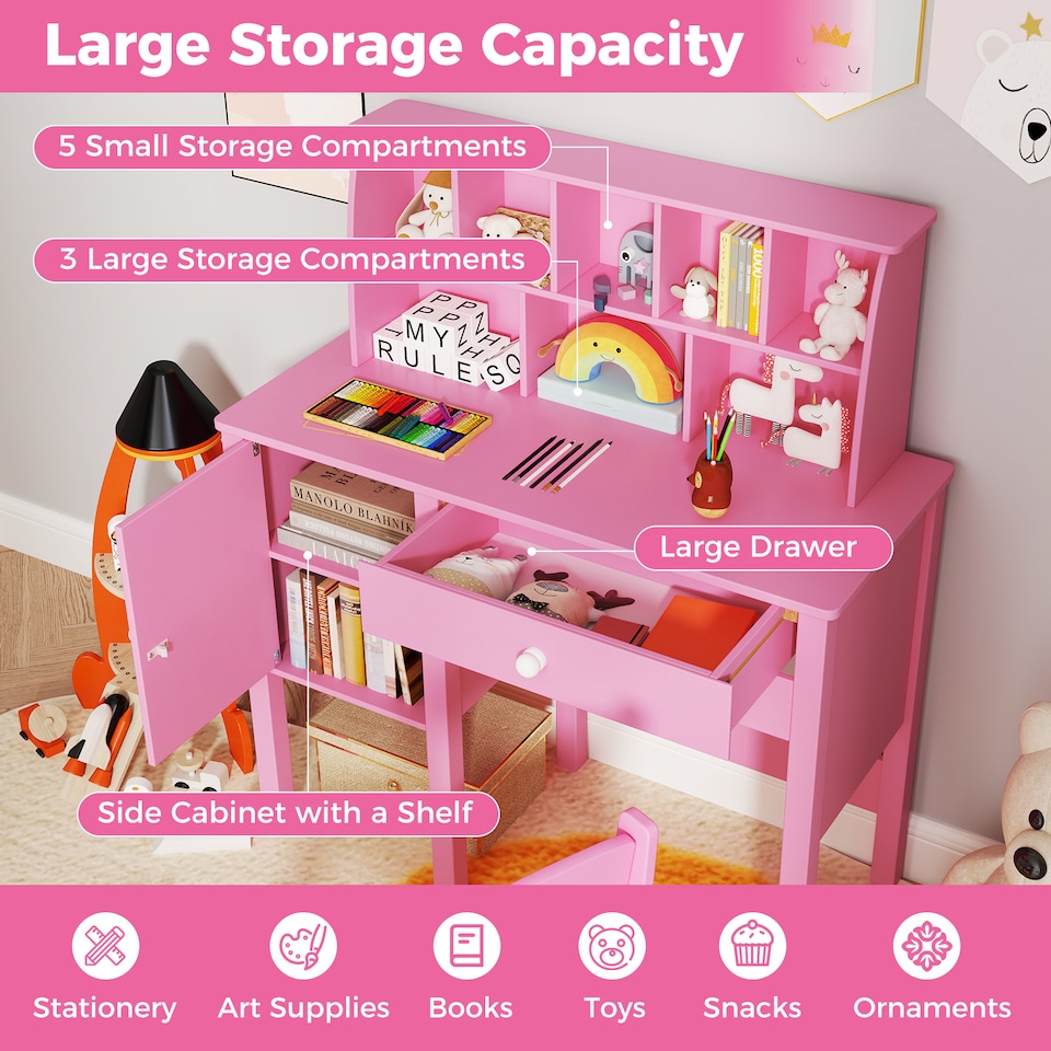 image 1 of COSTWAY Kids Study Desk and Chair Set Children Wooden Craft Table & Chair-Pink